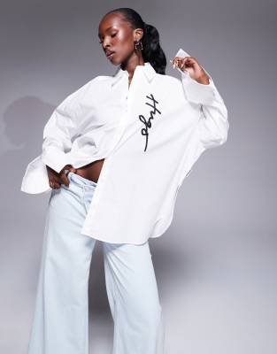 Hugo Red Exifa oversized long sleeve shirt in white with logo