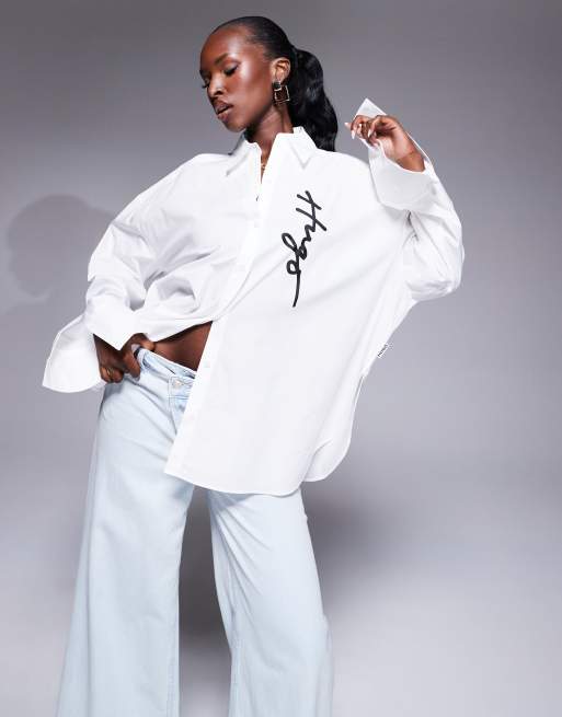 HUGO - Red - Exifa - Oversized overhemd met lange mouwen en logoprint in wit