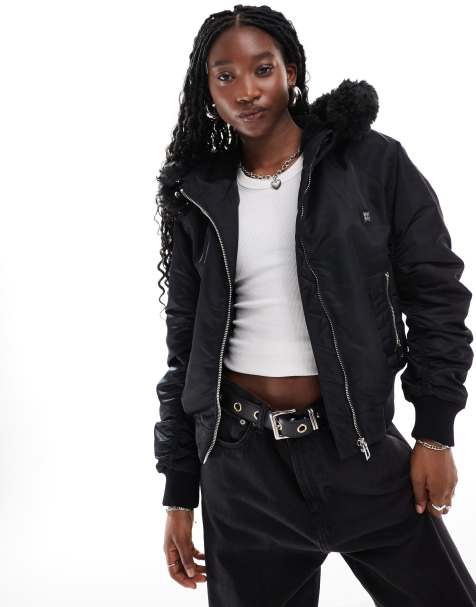 HUGO Red falora hooded bomber jacket in black with zip hood - view 1