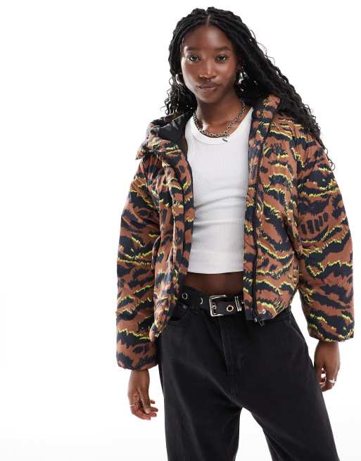 Red leopard print puffer jacket shop