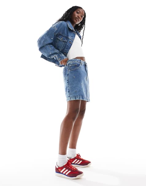 HUGO Red Gebisi denim mini skirt in midwash blue with all over logo studding (part of a set) - view 1