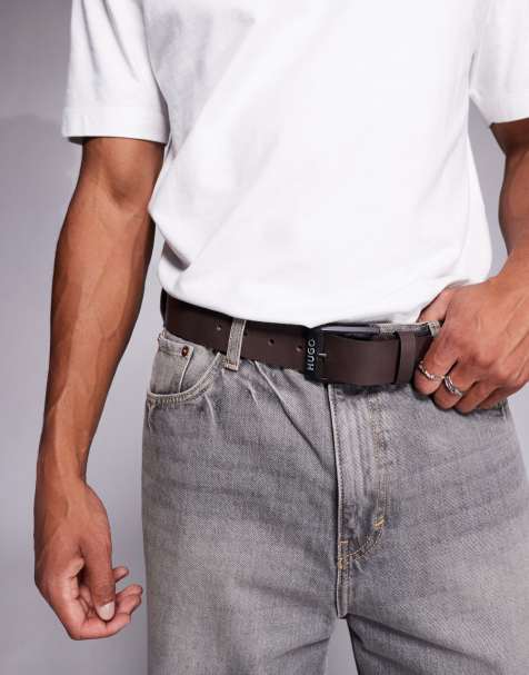 HUGO RED - Gelio - Cintura in pelle marrone scuro con fibbia con logo - view 1