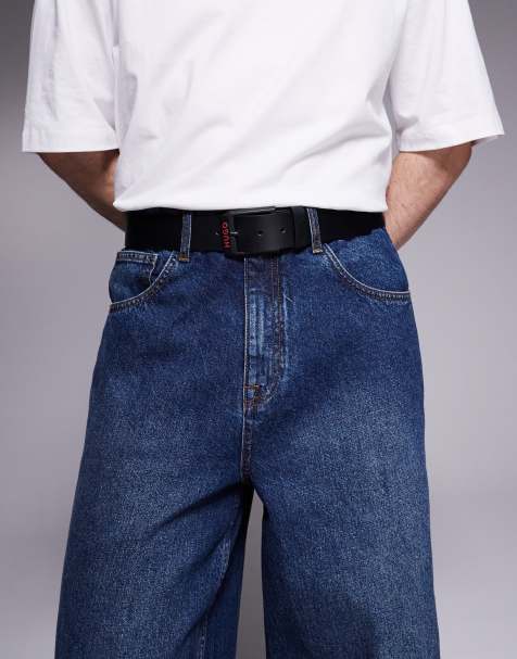 HUGO RED Gelio logo matt buckle leather belt in black - view 1