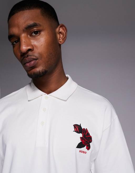HUGO Red - Hvid oversized poloskjorte med logoprint, 4 af 5