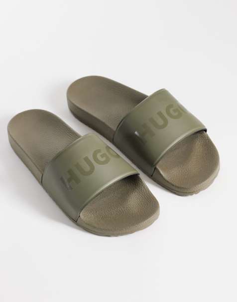 HUGO RED large logo detail sliders in light green - view 1