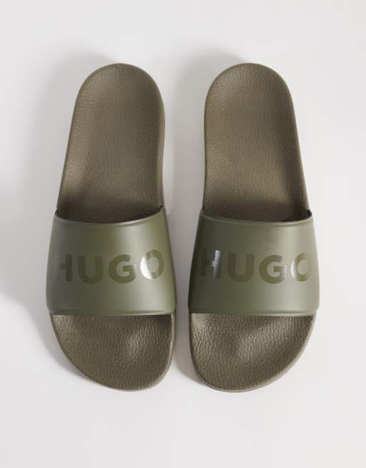 HUGO RED large logo detail sliders in light green, 3 of 4