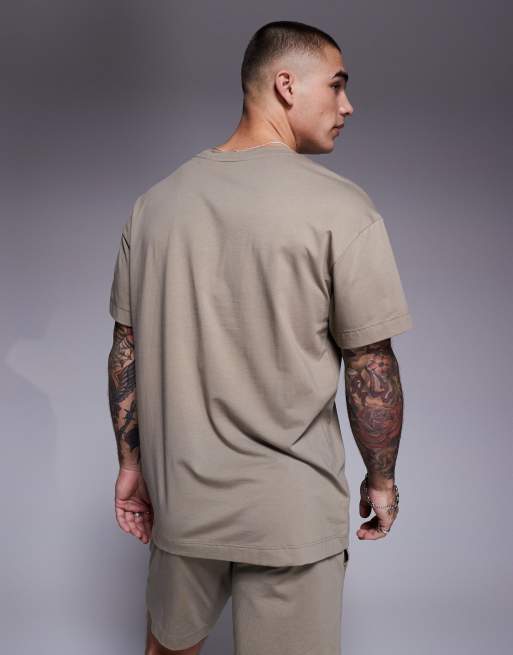 Hugo Red Laze central box logo relaxed fit lounge t-shirt in light brown co-ord, 3 of 4