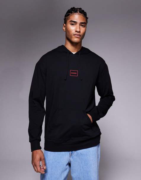 HUGO RED Laze central logo lounge relaxed fit hooded long sleeve t-shirt in black - view 1