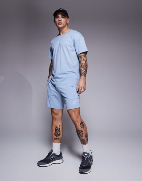 Hugo Red Laze box logo lounge shorts in light blue co-ord