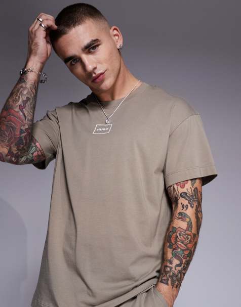 HUGO Red - Laze - Lysebrun lounge-T-shirt med firkantet, centreret logo i afslappet pasform - Del af sæt - view 1