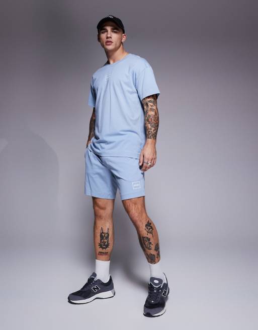 HUGO Red - Laze - Pantaloncini da casa blu chiaro con logo squadrato in coordinato