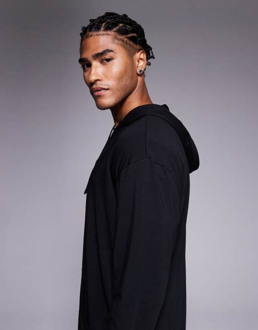 HUGO Red - Laze - T-shirt a maniche lunghe da casa comoda nera con cappuccio e logo al centro, 4 di 5