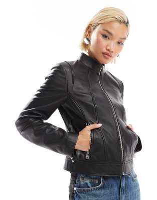 Hugo Red leather moto jacket in black