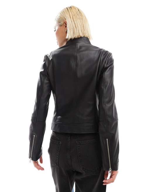 HUGO Red leather moto jacket in black ASOS
