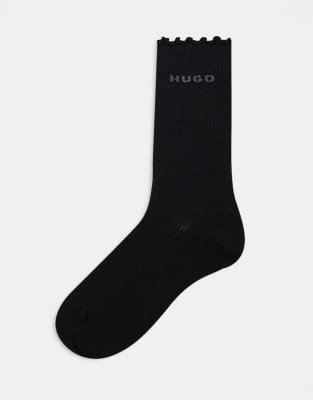 Hugo Red Lettuce Edge Socks In Black