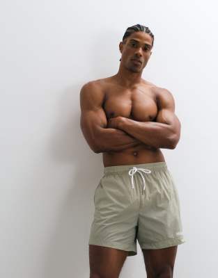 Hugo Red Logo Swim Shorts In Neutral