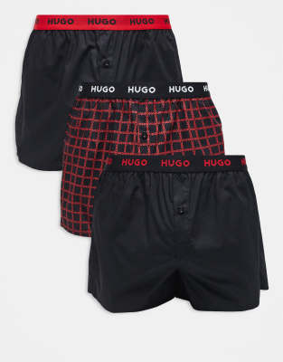 HUGO Red - Lot de 3 caleçons en coton avec taille à logo - Rouge imprimé/noir-Multicolore