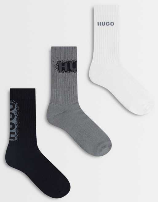 HUGO Red - Lot de 3 paires de chaussettes nervurées à grand logo - Gris multicolore