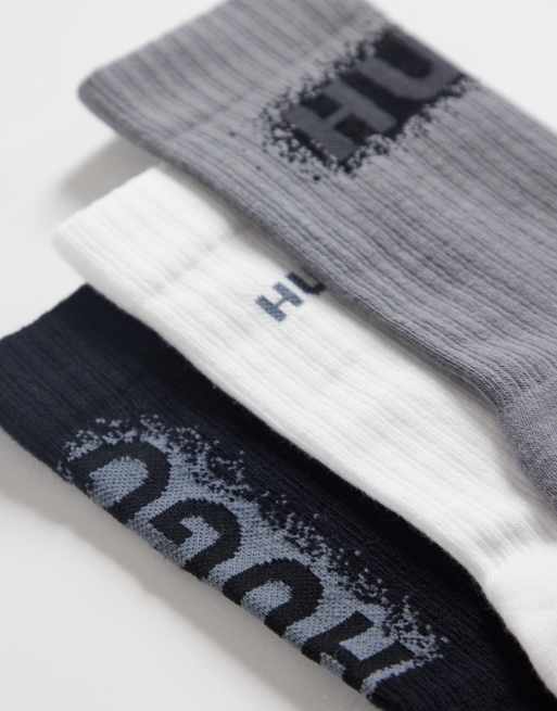 HUGO Red - Lot de 3 paires de chaussettes nervurées à grand logo - Gris multicolore, 3 de 3