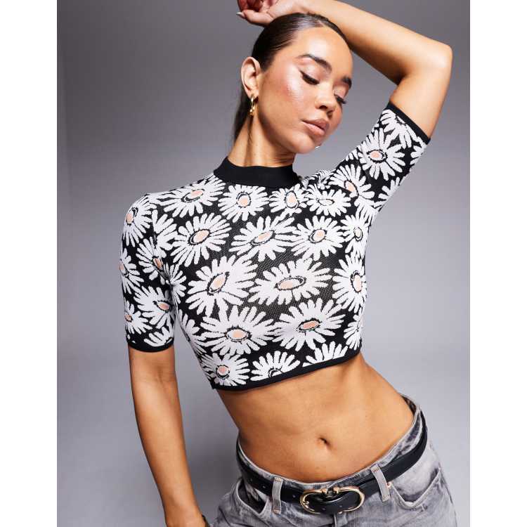 HUGO Red Maglione corto slim fit nero con stampa di margherite