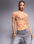 [Hugo Red] HUGO Red mesh high neck floral t-shirt in yellow and pink with ruched tie side 14 Open miscellaneous