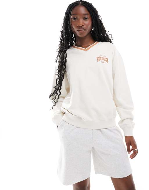 HUGO Red – Naturvit sweatshirt med v-ringning