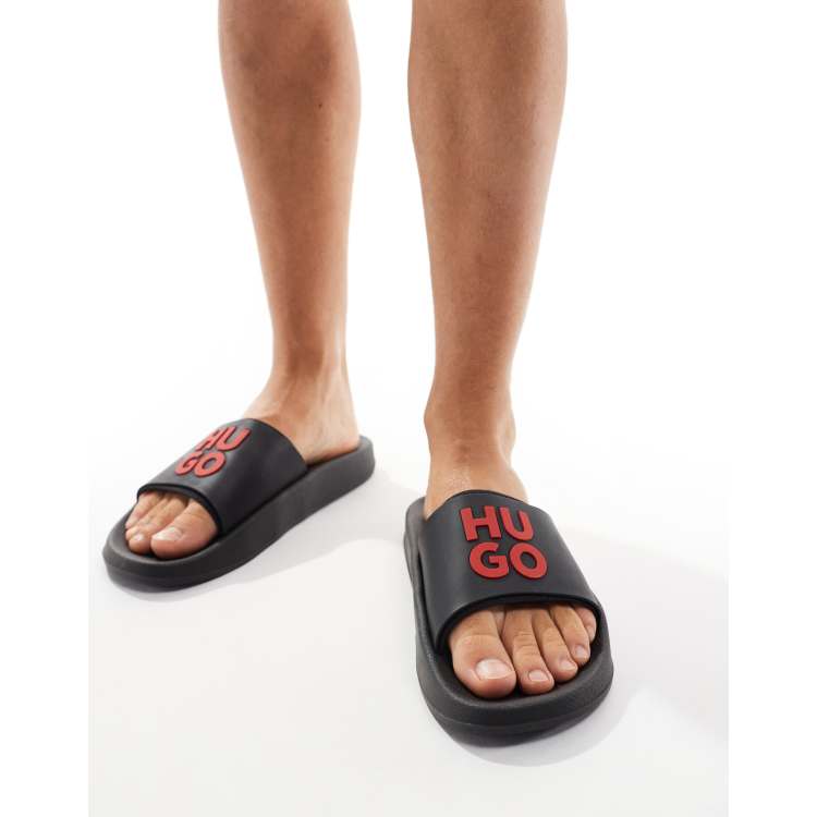 HUGO Red nil sliders in black ASOS