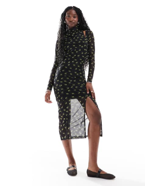 HUGO Red noslin maxi mesh dress in black with all over eyes print and slip insert - view 1