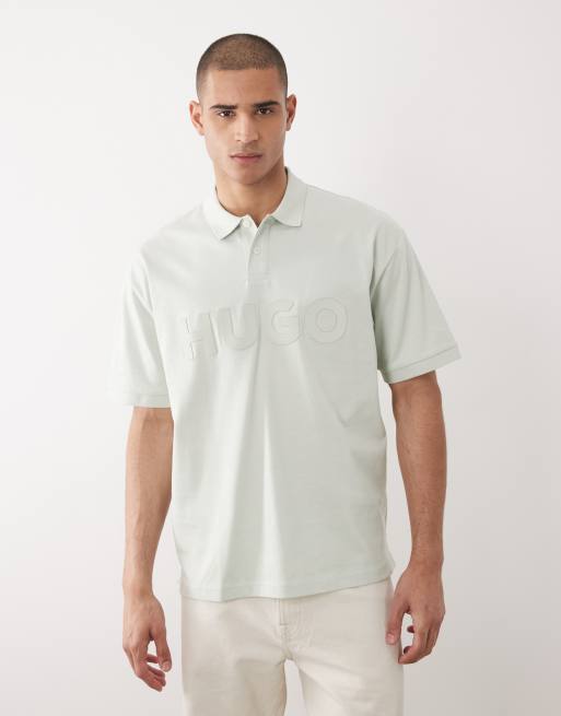 HUGO Red – Oversize-T-Shirt in Hellgrün mit Logoprint und geknöpftem Kragen, 3 von 5