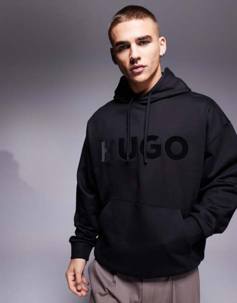 HUGO Red oversized ditchle large chest logo hoodie in black - view 1