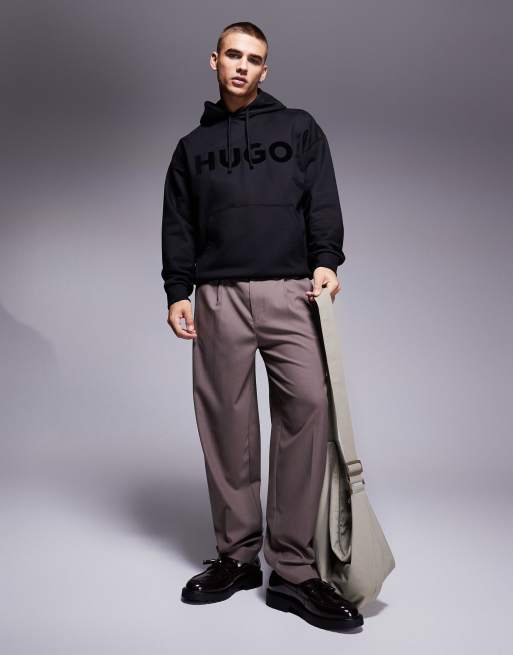 HUGO Red oversized ditchle large chest logo hoodie in black , 2 of 4