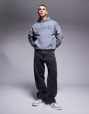 Hugo Red Oversized Ditchle Large Chest Logo Hoodie In Gray