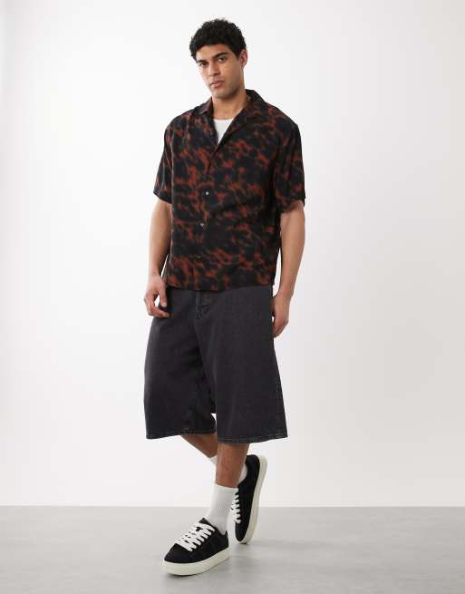 HUGO Red - Oversized overhemd met korte mouwen en print in zwart en rood, 2 van 5