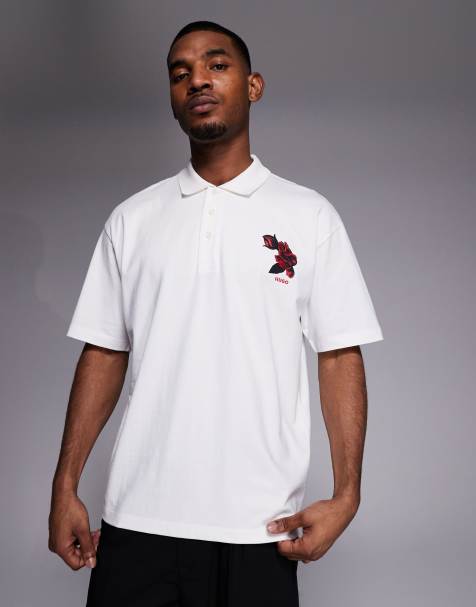 HUGO Red oversized printed logo polo shirt in white - view 1