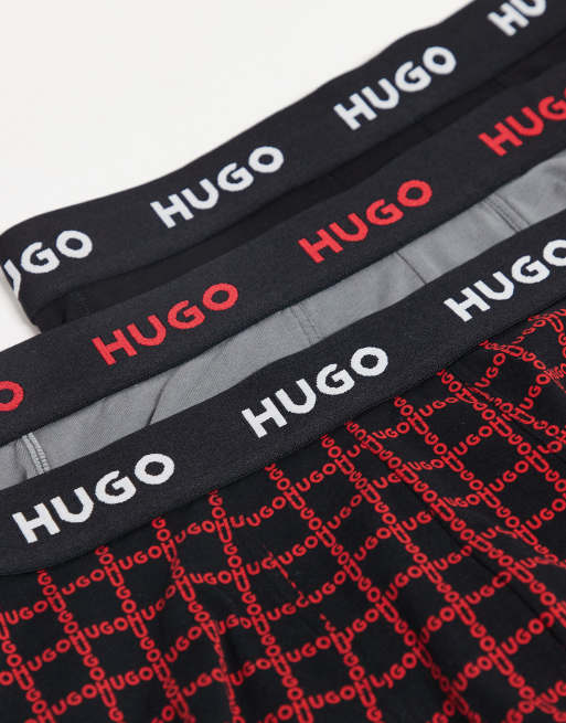 HUGO Red - Pakke med 3 par sorte/grå/røde boksershorts med logo på linningen og print, 2 af 3