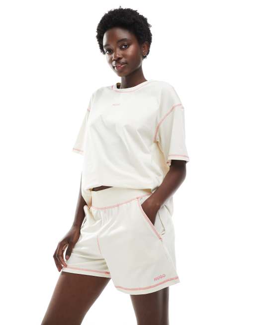 Hugo Red pyjama shorts and t-shirt set in cream and pink