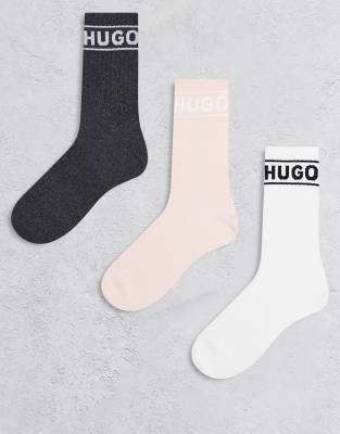 Hugo Red Qsrib 3 pack socks in pink gray and white