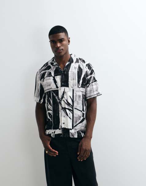 HUGO Red revere collar printed shirt in black - view 1