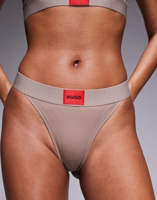 Hugo Red ribbed co-ord red label thong in brown, 2 of 4