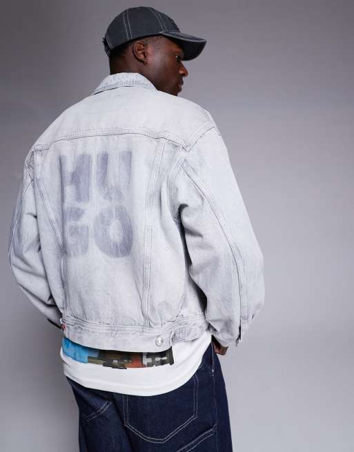 HUGO RED - Ruimvallend denim jack met stacked logo in gebleekte wassing, 2 van 4