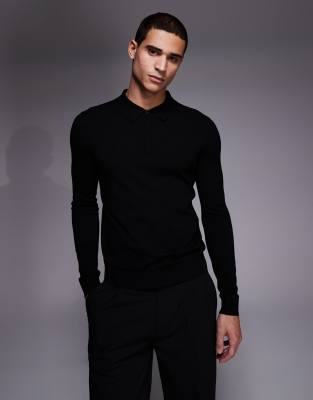 Hugo Red San Pippo Slim Fit Fine Knit Long Sleeve Polo In Black