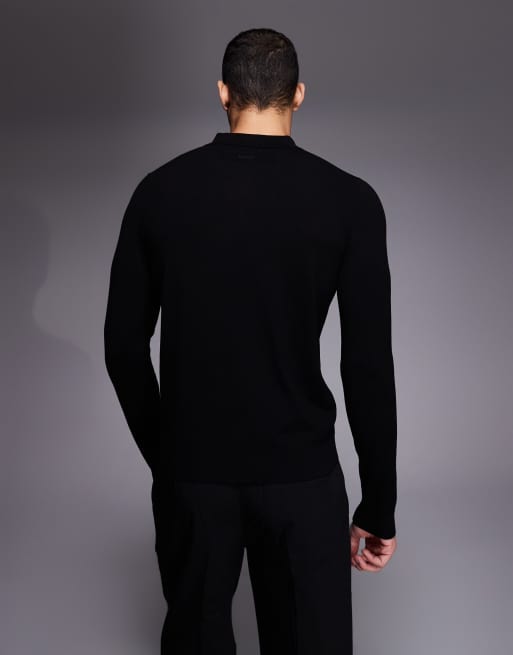 HUGO Red san pippo slim fit fine knit long sleeve polo in black, 3 of 5
