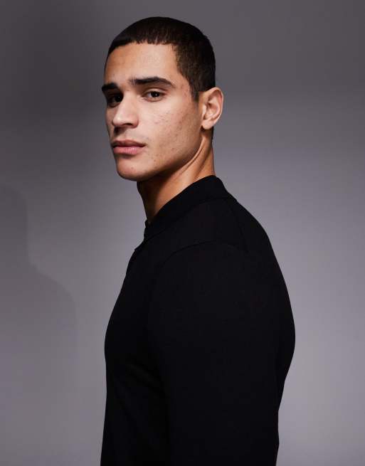 HUGO Red san pippo slim fit fine knit long sleeve polo in black, 4 of 5