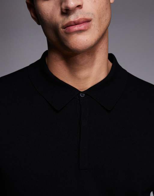 HUGO Red san pippo slim fit fine knit long sleeve polo in black, 5 of 5