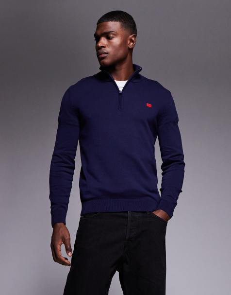 HUGO RED San Quintus label logo half zip knit jumper  in navy - view 1