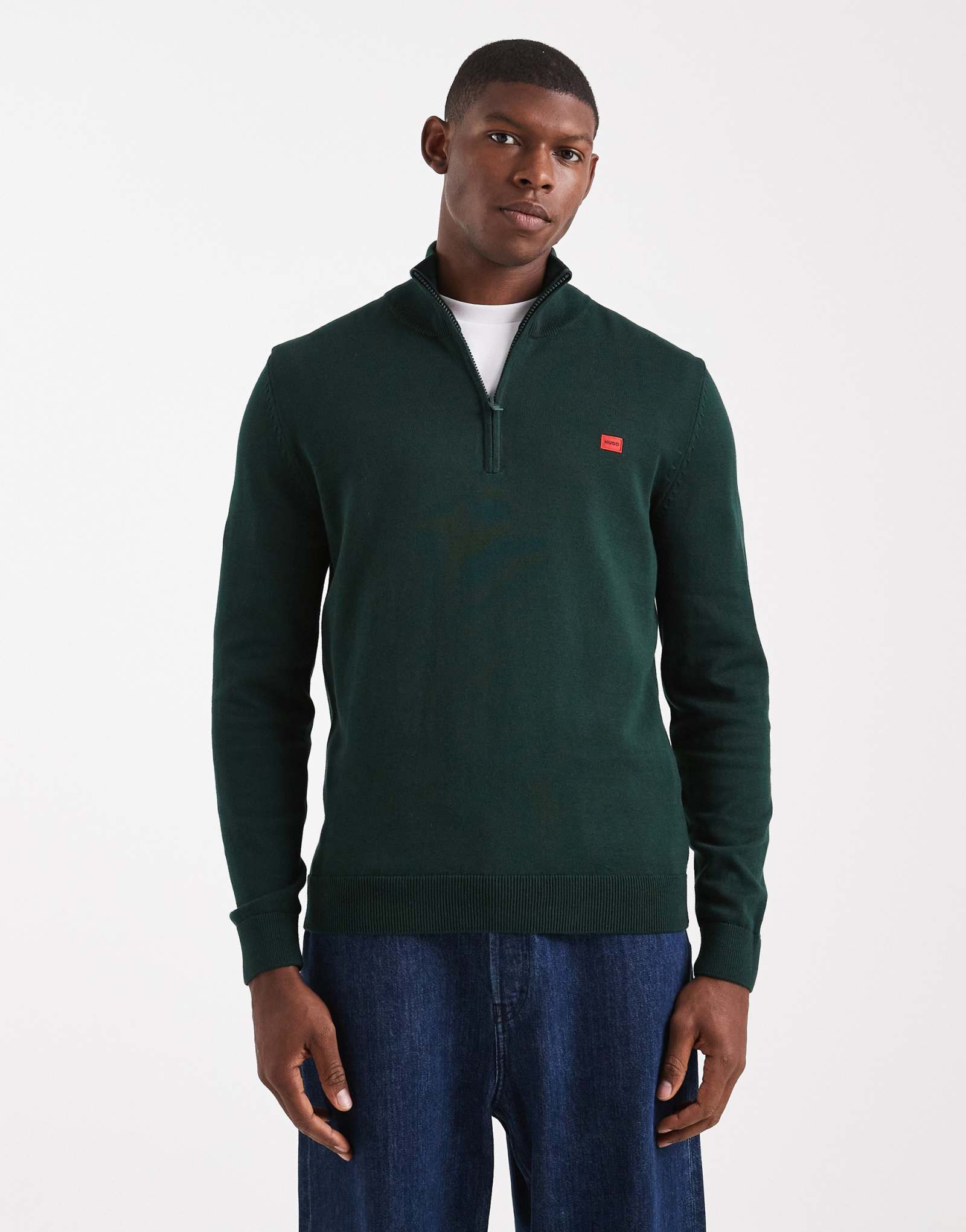 Темно-зеленый вязаный свитер на молнии с логотипом бренда HUGO Red San Quintus label