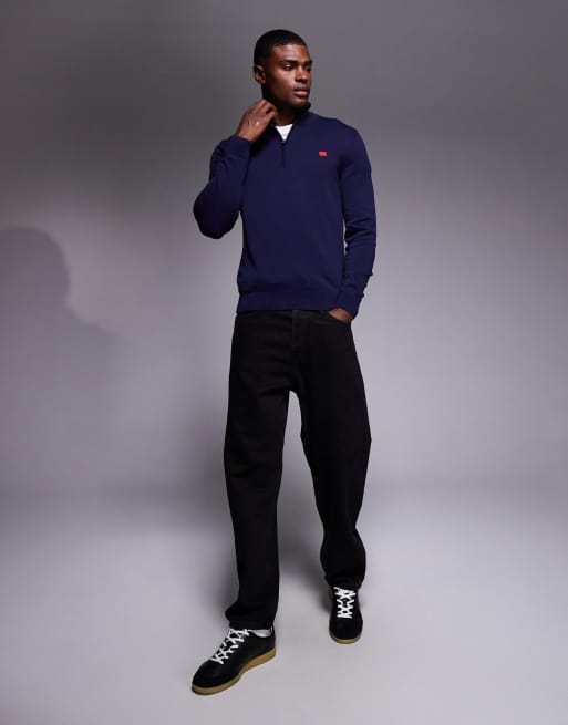 HUGO Red - San Quintus - Maglione blu navy con zip corta ed etichetta del logo, 2 di 5