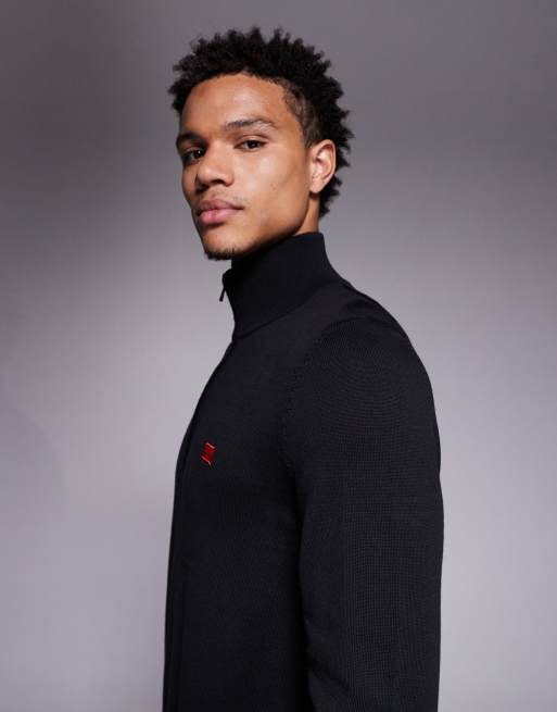HUGO Red - San Quintus - Maglione nero con zip corta ed etichetta del logo, 4 di 5