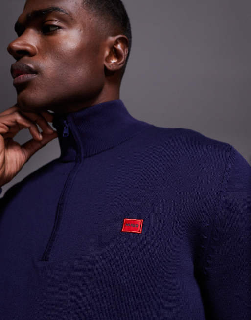 HUGO Red - San Quintus - Pull en maille à col zippé et étiquette à logo - Bleu marine, 5 de 5