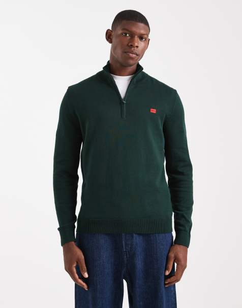 HUGO Red - San Quintus - Pull en maille à col zippé et étiquette à logo - Vert foncé - view 1